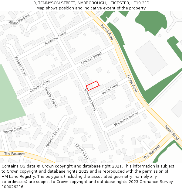 9, TENNYSON STREET, NARBOROUGH, LEICESTER, LE19 3FD: Location map and indicative extent of plot
