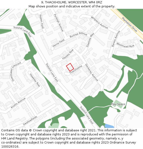 9, THACKHOLME, WORCESTER, WR4 0RZ: Location map and indicative extent of plot