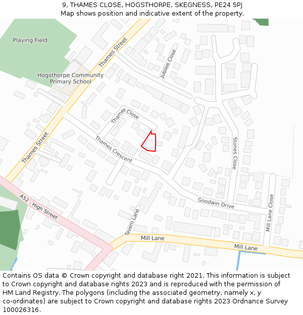 9, THAMES CLOSE, HOGSTHORPE, SKEGNESS, PE24 5PJ: Location map and indicative extent of plot