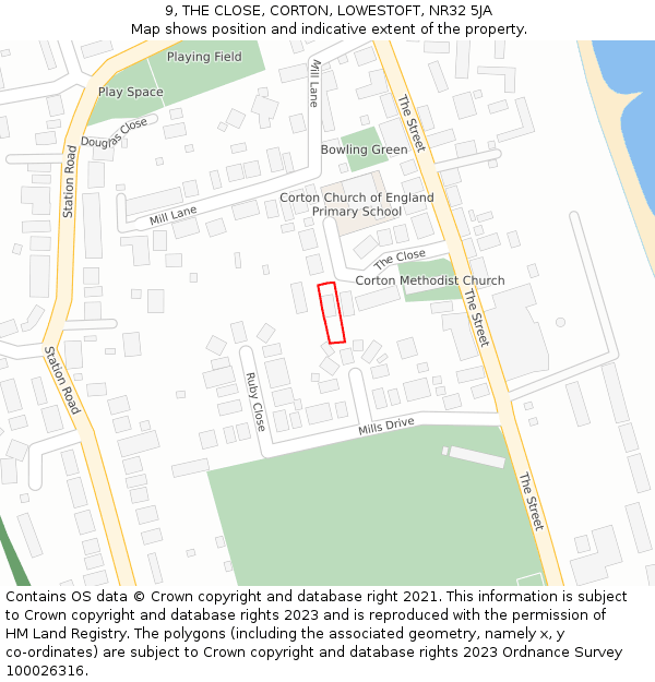 9, THE CLOSE, CORTON, LOWESTOFT, NR32 5JA: Location map and indicative extent of plot