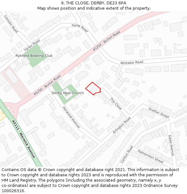 9, THE CLOSE, DERBY, DE23 6PA: Location map and indicative extent of plot