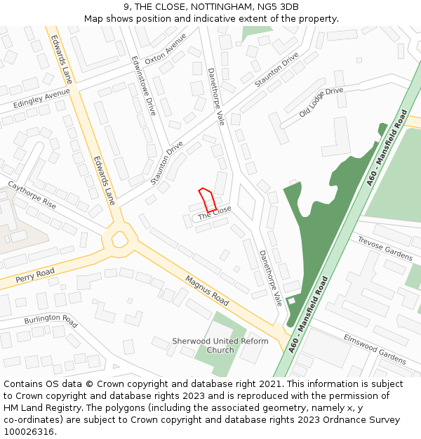 9, THE CLOSE, NOTTINGHAM, NG5 3DB: Location map and indicative extent of plot