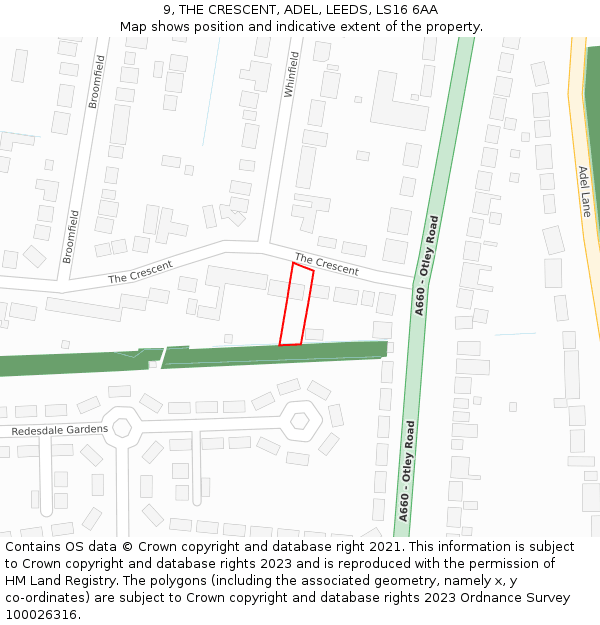 9, THE CRESCENT, ADEL, LEEDS, LS16 6AA: Location map and indicative extent of plot