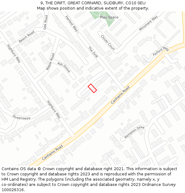 9, THE DRIFT, GREAT CORNARD, SUDBURY, CO10 0EU: Location map and indicative extent of plot