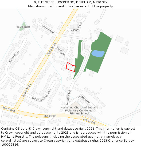 9, THE GLEBE, HOCKERING, DEREHAM, NR20 3TX: Location map and indicative extent of plot