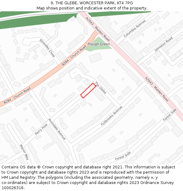 9, THE GLEBE, WORCESTER PARK, KT4 7PG: Location map and indicative extent of plot