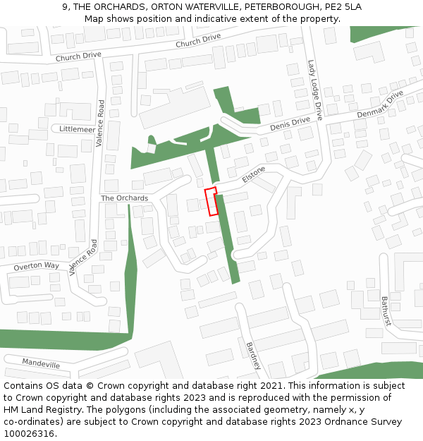 9, THE ORCHARDS, ORTON WATERVILLE, PETERBOROUGH, PE2 5LA: Location map and indicative extent of plot