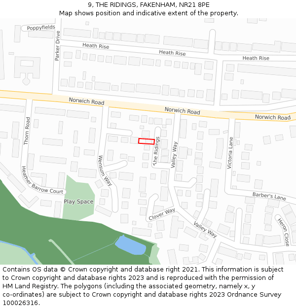 9, THE RIDINGS, FAKENHAM, NR21 8PE: Location map and indicative extent of plot