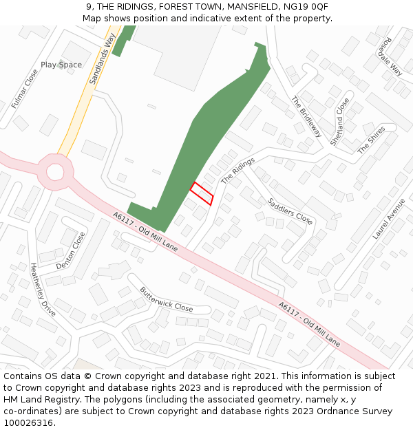 9, THE RIDINGS, FOREST TOWN, MANSFIELD, NG19 0QF: Location map and indicative extent of plot