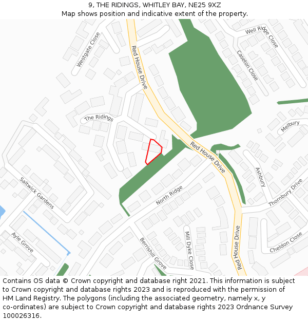 9, THE RIDINGS, WHITLEY BAY, NE25 9XZ: Location map and indicative extent of plot