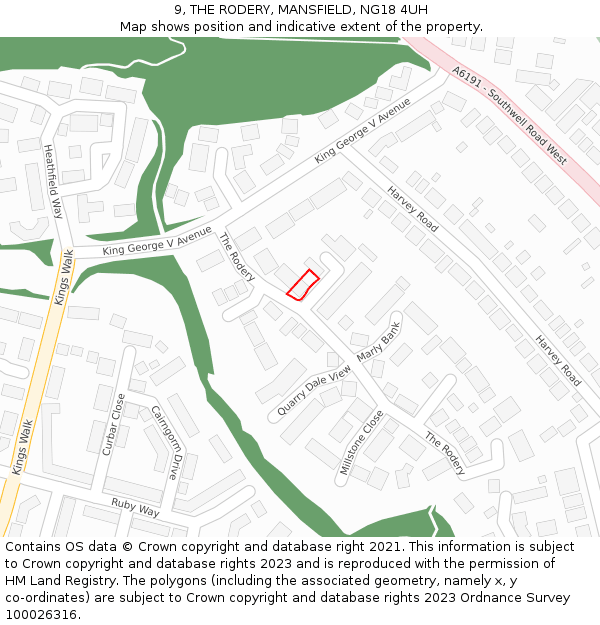 9, THE RODERY, MANSFIELD, NG18 4UH: Location map and indicative extent of plot