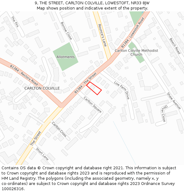 9, THE STREET, CARLTON COLVILLE, LOWESTOFT, NR33 8JW: Location map and indicative extent of plot
