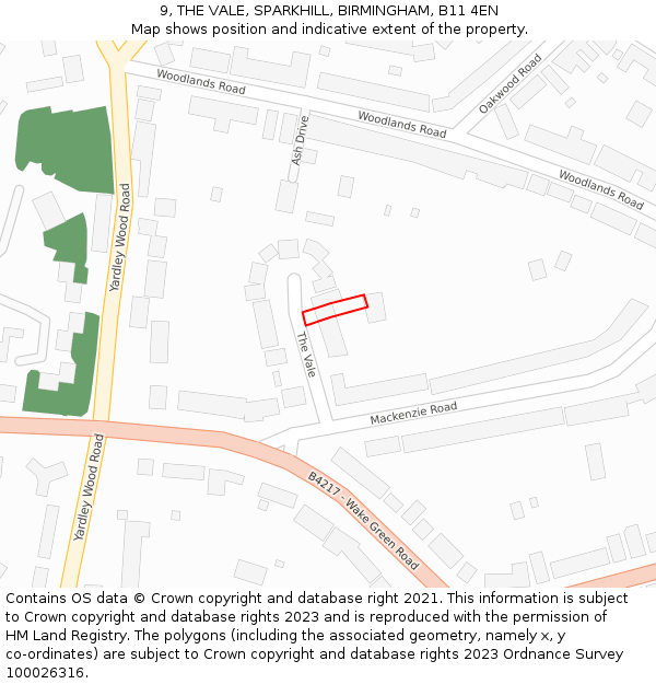 9, THE VALE, SPARKHILL, BIRMINGHAM, B11 4EN: Location map and indicative extent of plot