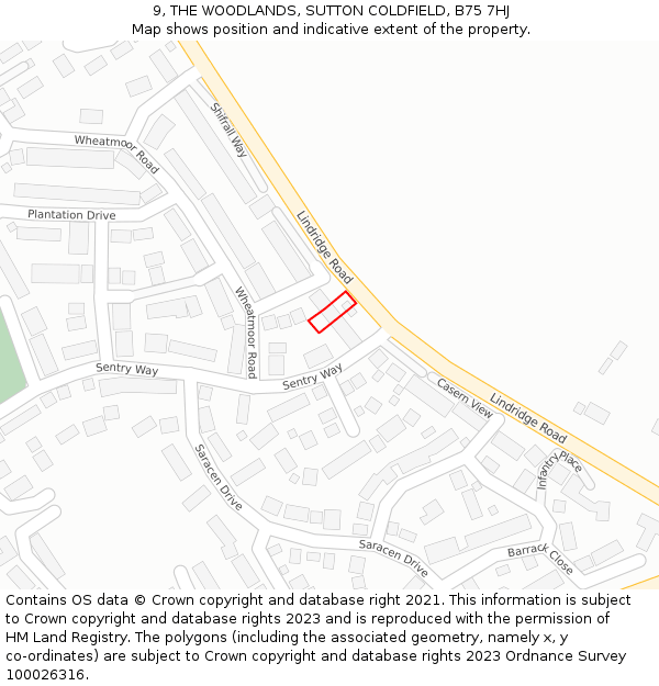9, THE WOODLANDS, SUTTON COLDFIELD, B75 7HJ: Location map and indicative extent of plot