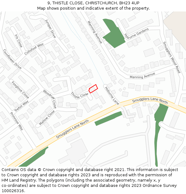 9, THISTLE CLOSE, CHRISTCHURCH, BH23 4UP: Location map and indicative extent of plot
