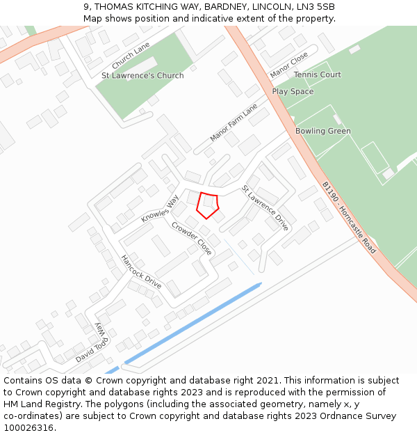 9, THOMAS KITCHING WAY, BARDNEY, LINCOLN, LN3 5SB: Location map and indicative extent of plot