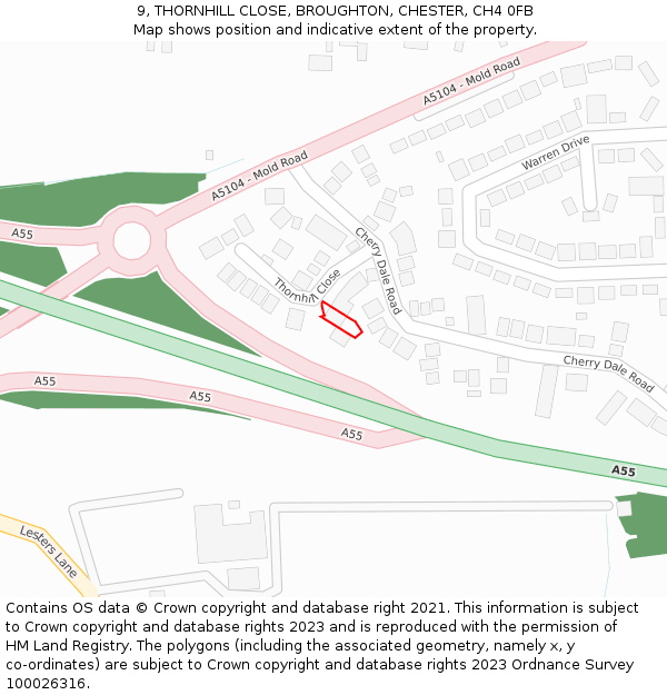 9, THORNHILL CLOSE, BROUGHTON, CHESTER, CH4 0FB: Location map and indicative extent of plot