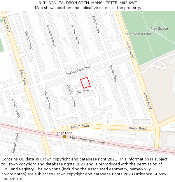 9, THORNLEA, DROYLSDEN, MANCHESTER, M43 6WZ: Location map and indicative extent of plot