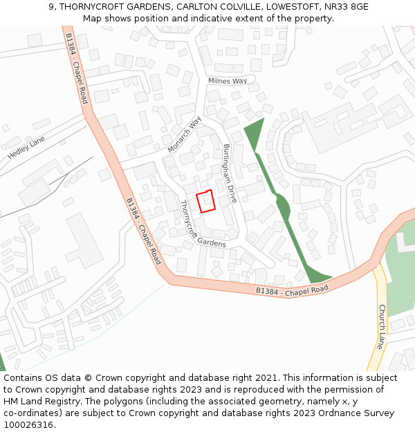 9, THORNYCROFT GARDENS, CARLTON COLVILLE, LOWESTOFT, NR33 8GE: Location map and indicative extent of plot