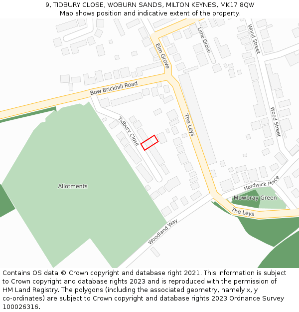 9, TIDBURY CLOSE, WOBURN SANDS, MILTON KEYNES, MK17 8QW: Location map and indicative extent of plot