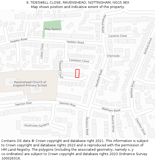 9, TIDESWELL CLOSE, RAVENSHEAD, NOTTINGHAM, NG15 9EX: Location map and indicative extent of plot