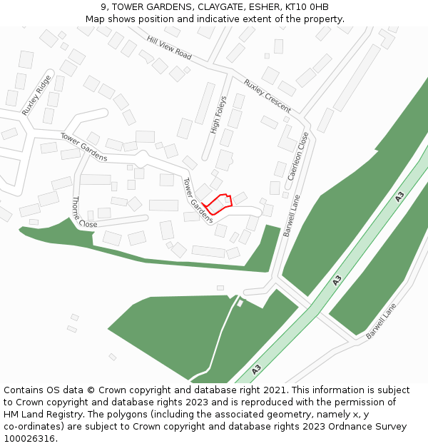 9, TOWER GARDENS, CLAYGATE, ESHER, KT10 0HB: Location map and indicative extent of plot