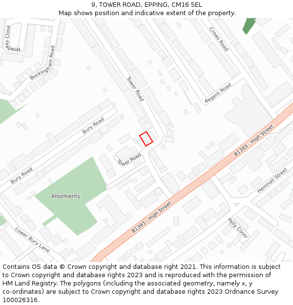 9, TOWER ROAD, EPPING, CM16 5EL: Location map and indicative extent of plot