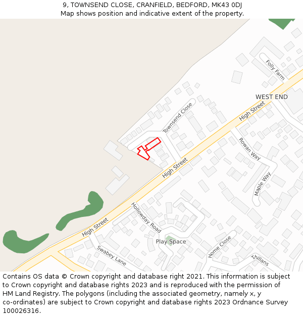 9, TOWNSEND CLOSE, CRANFIELD, BEDFORD, MK43 0DJ: Location map and indicative extent of plot