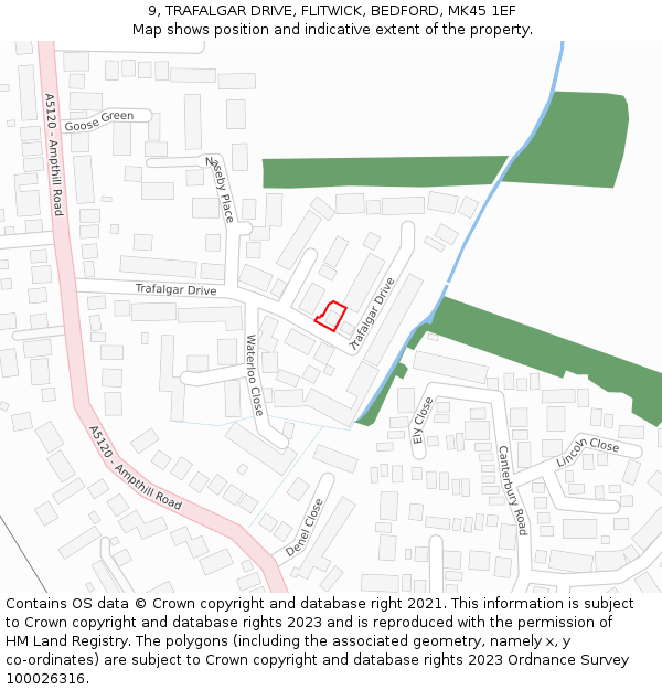 9, TRAFALGAR DRIVE, FLITWICK, BEDFORD, MK45 1EF: Location map and indicative extent of plot