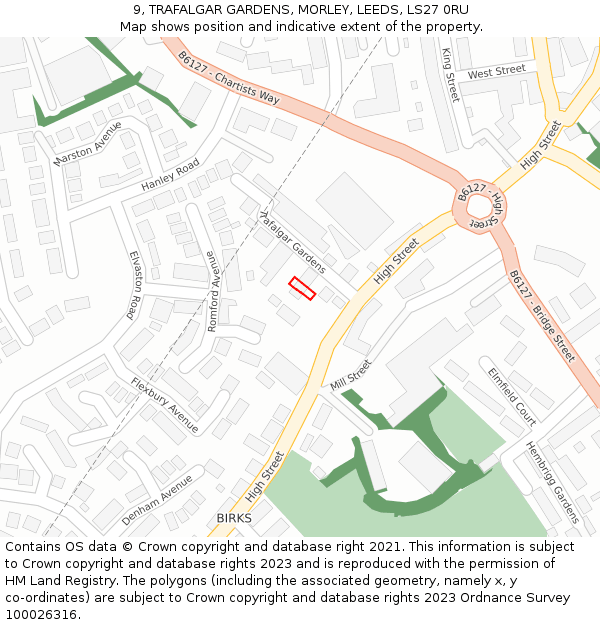 9, TRAFALGAR GARDENS, MORLEY, LEEDS, LS27 0RU: Location map and indicative extent of plot