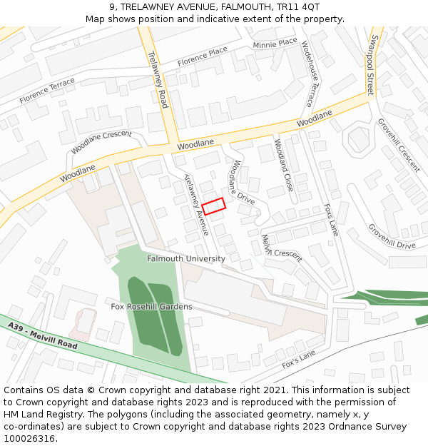 9, TRELAWNEY AVENUE, FALMOUTH, TR11 4QT: Location map and indicative extent of plot
