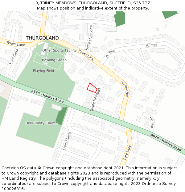 9, TRINITY MEADOWS, THURGOLAND, SHEFFIELD, S35 7BZ: Location map and indicative extent of plot