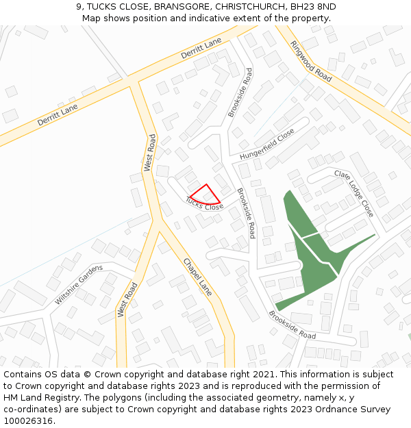 9, TUCKS CLOSE, BRANSGORE, CHRISTCHURCH, BH23 8ND: Location map and indicative extent of plot