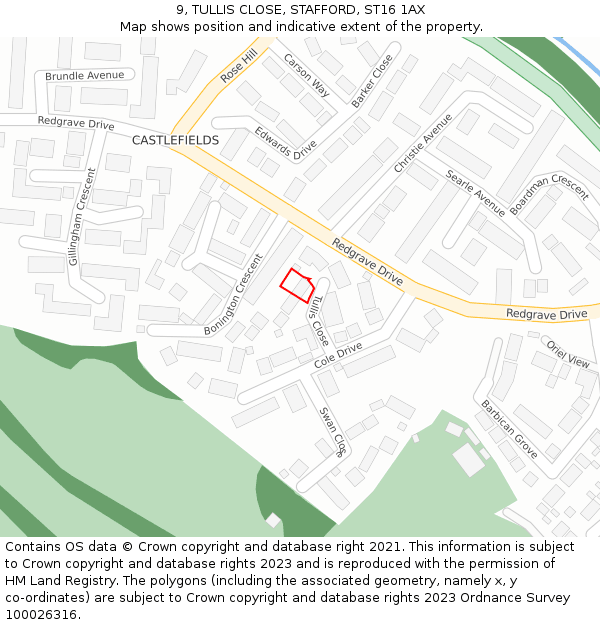 9, TULLIS CLOSE, STAFFORD, ST16 1AX: Location map and indicative extent of plot