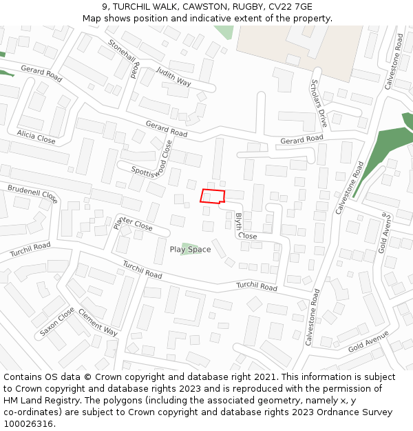 9, TURCHIL WALK, CAWSTON, RUGBY, CV22 7GE: Location map and indicative extent of plot
