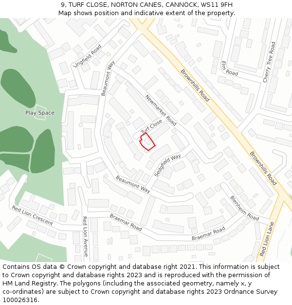 9, TURF CLOSE, NORTON CANES, CANNOCK, WS11 9FH: Location map and indicative extent of plot