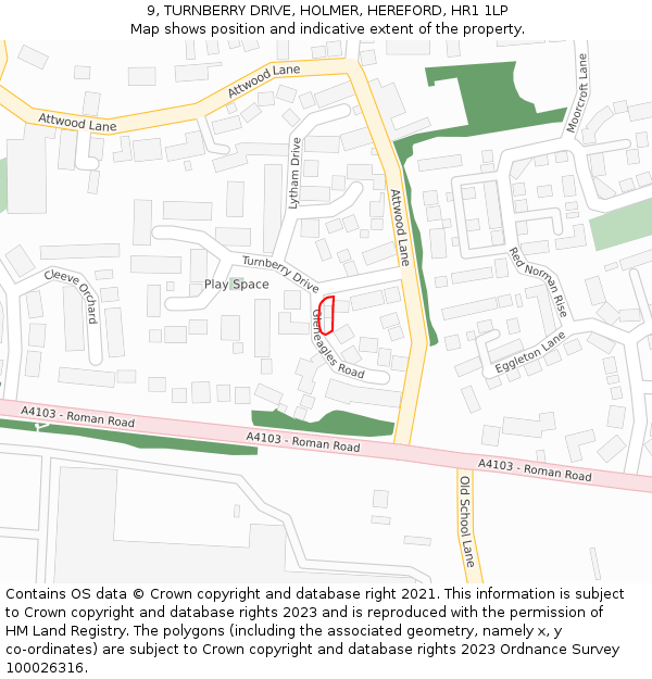 9, TURNBERRY DRIVE, HOLMER, HEREFORD, HR1 1LP: Location map and indicative extent of plot