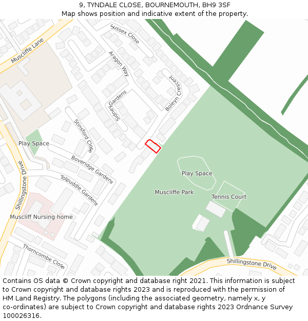 9, TYNDALE CLOSE, BOURNEMOUTH, BH9 3SF: Location map and indicative extent of plot