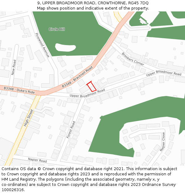 9, UPPER BROADMOOR ROAD, CROWTHORNE, RG45 7DQ: Location map and indicative extent of plot