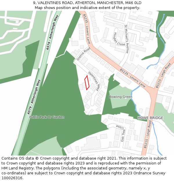 9, VALENTINES ROAD, ATHERTON, MANCHESTER, M46 0LD: Location map and indicative extent of plot