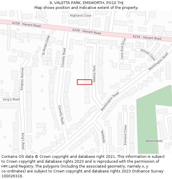 9, VALETTA PARK, EMSWORTH, PO10 7HJ: Location map and indicative extent of plot