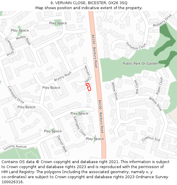 9, VERVAIN CLOSE, BICESTER, OX26 3SQ: Location map and indicative extent of plot