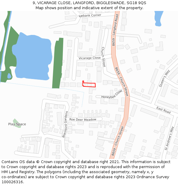 9, VICARAGE CLOSE, LANGFORD, BIGGLESWADE, SG18 9QS: Location map and indicative extent of plot