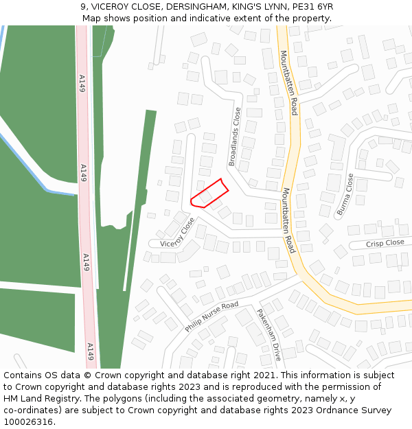 9, VICEROY CLOSE, DERSINGHAM, KING'S LYNN, PE31 6YR: Location map and indicative extent of plot