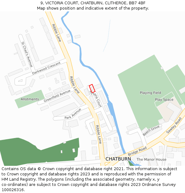 9, VICTORIA COURT, CHATBURN, CLITHEROE, BB7 4BF: Location map and indicative extent of plot