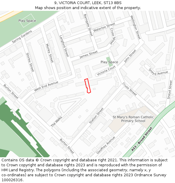 9, VICTORIA COURT, LEEK, ST13 8BS: Location map and indicative extent of plot