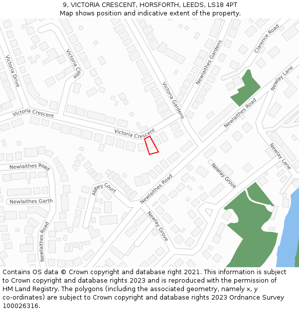 9, VICTORIA CRESCENT, HORSFORTH, LEEDS, LS18 4PT: Location map and indicative extent of plot