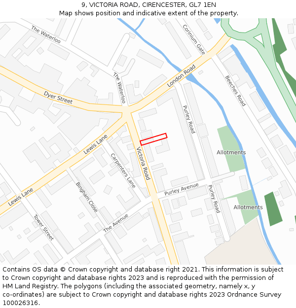 9, VICTORIA ROAD, CIRENCESTER, GL7 1EN: Location map and indicative extent of plot