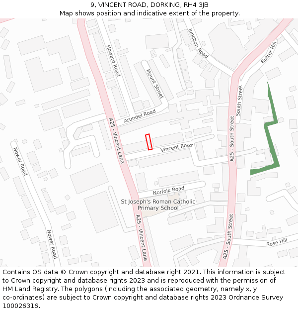 9, VINCENT ROAD, DORKING, RH4 3JB: Location map and indicative extent of plot