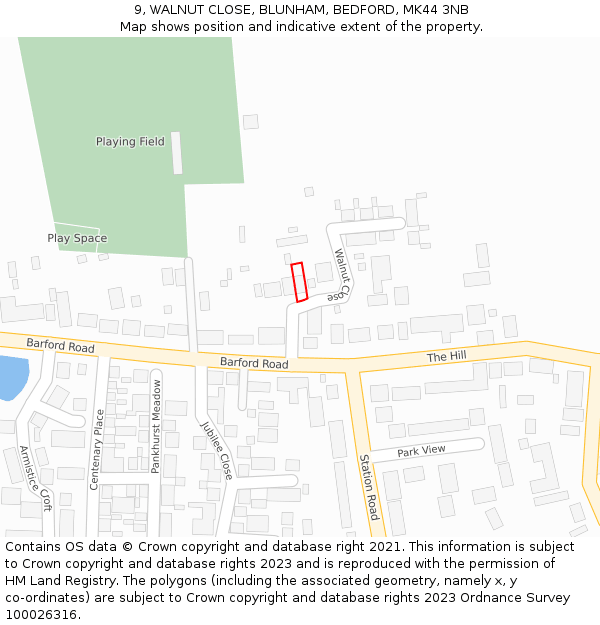 9, WALNUT CLOSE, BLUNHAM, BEDFORD, MK44 3NB: Location map and indicative extent of plot